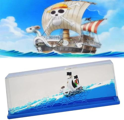 Ksgolif Unsinkable One Going Pirate Ship Piece Merry Toy in a Bottle Box | Floating Boat Liquid Motion Ocean Desk Decor, Unique Birthday Gifts for Men Women Anime Lovers Desk Ornament (blue-f)
