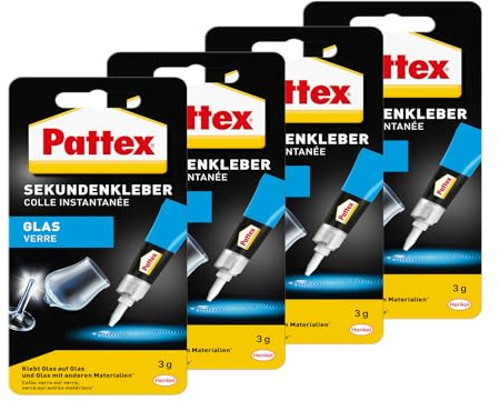 Pattex Sekundenkleber Glas, klebt auf Glas und Glas mit anderen Materialien*, Transparent, Spülmaschinenfest, 4x 3g