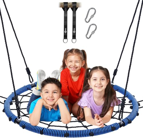 Trekassy 750lbs 40 Spider Web Saucer Tree Swing for Kids Adults, Outdoor Net Swing with Steel Frame and 2 Hanging Straps-Blue (Patented)