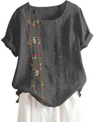 Chemisiers et Blouses Femme Coton Lin Manches Courtes Col Rond T-Shirt a La Mode avec Boutons Hauts Polyvalente Imprimé Floral Tee Shirt Grande Taille Tops Lâche Respirant Vêtements Casual