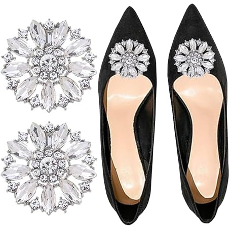 NiceYnn Lot de 2 Pince à Chaussure Amovible Boucle de Chaussures Clips pour Escarpin Sandale Pantoufle Cheveux Sac Robe Echarpe Panama Décoration Strass Rond Argenté