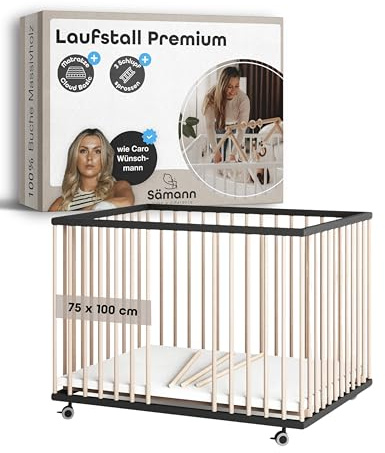 Sämann Laufstall Baby 75x100 cm mit Matratze und 3 Schlupfsprossen | TÜV geprüft 2024 | stufenlos höhenverstellbar | Laufgitter Premium | Babybett aus Holz | Krabbelgitter schwarz/natur