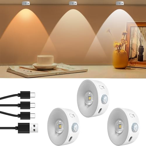 Yeelan Schrankbeleuchtung, LED Schranklicht mit bewegungsmelder, Kabellose Sensor Licht, Mini Vitrinenbeleuchtung, 3 Farbtemperaturen, USB Aufladbar, Magnet Adsorption ohne Bohren,3 Stück