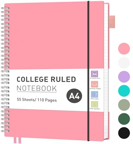RETTACY A4 Spiral Notebook, Lined, Flexible Plastic Cover, College Ruled Paper, 55 Sheets/110 Pages, 100gsm, with Pocket, Pen Loop, Ruler & Bookmark - Pink, 21.5 x 27.9cm