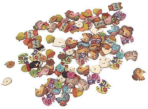 Cartoon-Eichhörnchen, Bär, Fuchs, Tannenzapfen, Igel, Waldtiere, Serie Holzknöpfe (Tiere-Stil, 100 Stück)