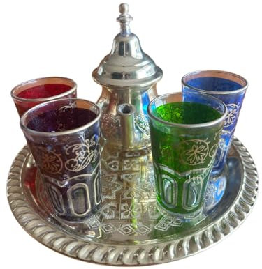 Théière Marocaine Artisanale 350ml avec Plateau Gravé en laiton argenté et 4 Verres à Thé – Élégance Authentique de Fès