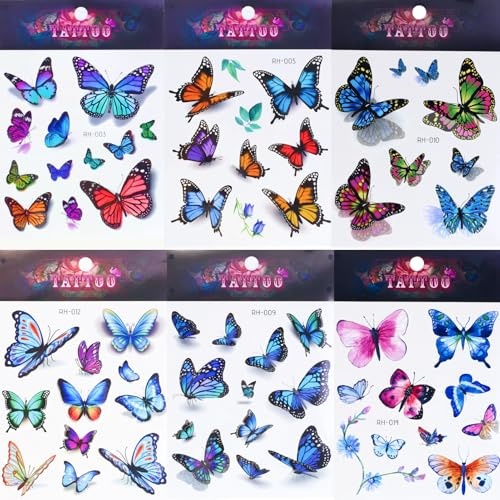 6 PCS Faux Tatouages 3D Colorés de Papillons, Butterfly Face Art, Papillon Tattoo Stickers, Autocollants Adhésifs Éphémères, Cadeau Anniversaire et Déco Fête, Tatouages Réalistes à Coller
