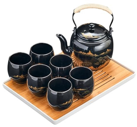 XYUERU Set da tè Giapponese Kung Fu con Borsa da Viaggio, Servizio da tè Cinese in Ceramica Tradizionale con Motivo Floreale Dorato, stoviglie in Porcellana Fatte a Mano, Resistenti al Calore(Black)
