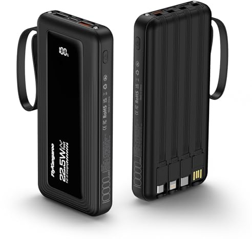 Batterie Externe 10000mAh Power Bank,Chargeur Portable 22.5W PD Rapide avec 4 Câbles Intégrés, 6 Sorties & 2 Entrées, avec Lampe de Poche Compatible avec Samsung, iPhone, iPad Pro etc