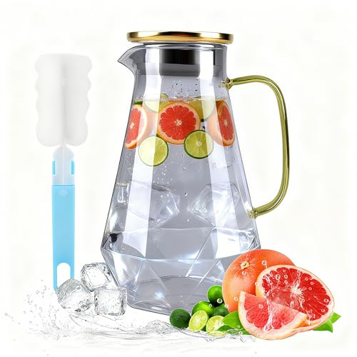 2L Glass Jug with Lid & Cleaning Brush, Borosilicate Heat-Resistant Glass Pitcher for Iced Tea, Sangria, Cocktail, Juice, Milk, Coffee - Hot & Cold Beverage Carafe (Grey Silver)