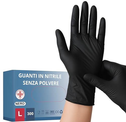 S&S-Medical Guanti in Nitrile Neri Senza Polvere monouso Resistenti Ipoallergenici Senza Lattice Dispositivo Medico | Uso Professionale Alimentare Medic Alimentare Tatuatori Chef | S M L XL (300, L)