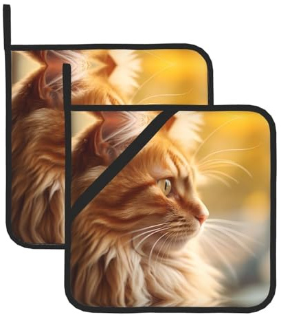 Set di due presine quadrate resistenti al calore con stampa a forma di gatto con testa in giù, 20,3 x 20,3 cm, tessuti di qualità, antiscottatura e facili da pulire