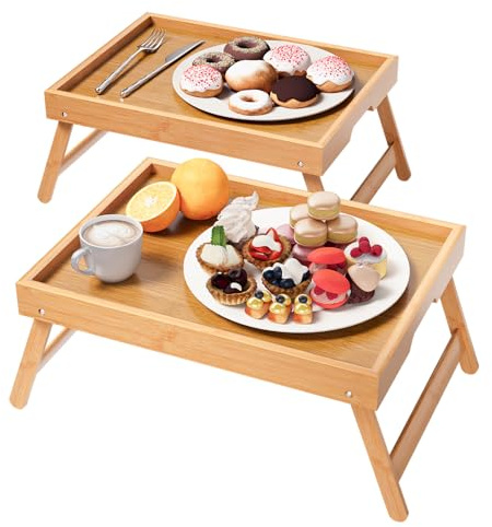 Fibogollo 2er Pack Betttablett mit klappbaren Beinen, Bambus Frühstückstabletts, Serviertablett Betttisch für Essen and Snack, Laptoptabletts zum Arbeiten (Natur)