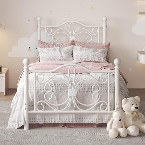 E-Motie Bett 90×200CM mit Schmetterlingsmuster an Kopf- und Fußteil/Matratzenunterlage/Stauraum unter dem Bett/Kein Lattenrost erforderlich/Einfache Montage/Geräuscharm/Weiß