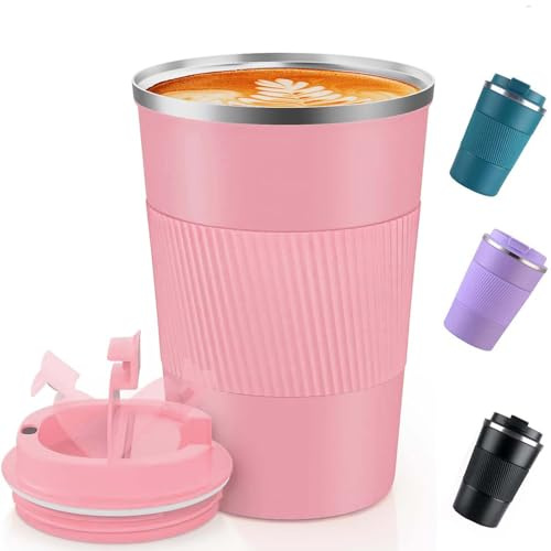 AidShunn Travel Mugs, 380ml Insulated Coffee Cup with Leakproof Lid - Reusable Double Walled Coffee Mug, Stainless Steel Thermal Cup for Hot Cold Drinks, Water and Tea (Pink)