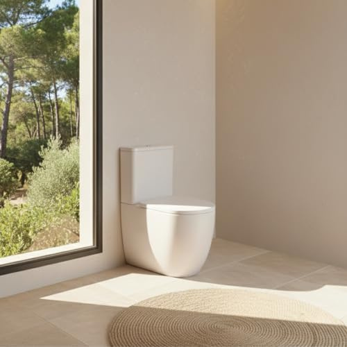 SOULHOME Pack Inodoro Completo Rimless Curvo Blanco Brillo | Tapa Amortiguada | Salida Horizontal/Vertical | Doble Descarga Eco | Pulsador Gris Mate