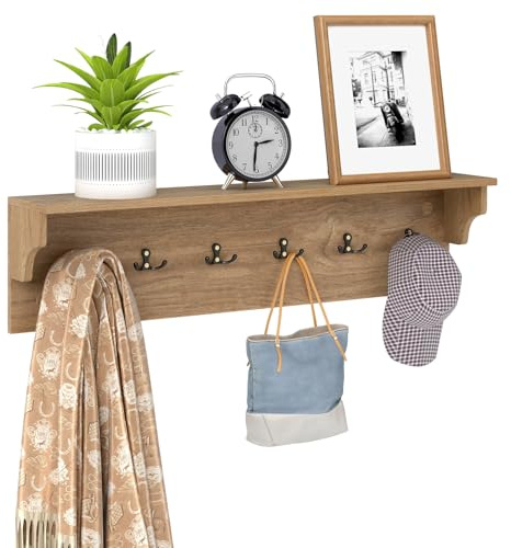 COSTWAY Wall-Mounted Coat Rack with Shelf, 80cm Wooden Wall Shelf Clothes Hanger with 6 Hooks, Floating Wall Coat Hooks Hallway Storage Unit Display Organiser for Entryway Bedroom Bathroom (Natural)