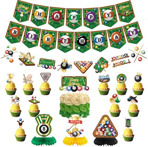 Decorazioni per feste da biliardo Decorazioni di compleanno includono banner di buon compleanno topper per torta topper per cupcake a nido d'ape decorazione a tema piscina americana per 8 palle
