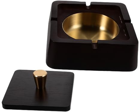 ULDIGI Cenicero a Prueba de Viento Cuadrado Tapa y Revestimiento de Acero Inoxidable, Carcasa de Madera Lisa, Adecuado para Fumar en Oficina, Hogar y Espacios Exteriores