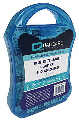 1 Pack of 100 Assorted QUALICARE Premium Ultra Thin Blue Catering First AID KIT Wound Cut PLASTERS DRESSINGS in Easy Cary Compact Box