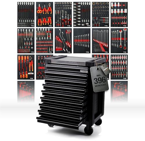 Mephisto ProLine Full Black verkstadsvagn med 9 lådor, alla är fyllda med verktyg som skiftnyckel, spärrnyckel med mutterlåda, skruvmejsel, VDE med mjuka insatser i