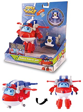 Super Wings EU730220 - Transformations-Flugzeug Police Patrol Jett, ca. 20,3 cm große Spiel-Figur für Kinder, verwandelbares Spielzeug-Flugzeug und Roboterfigur