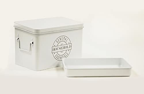AQ Organizational Divided Metal Tin Caddy with Hinged Lid & Removable Tray, Storage Box for First Aid, Medicine and Pharmacy Items, Crafting and Sewing Supplies, Tools - Matte White & Grey