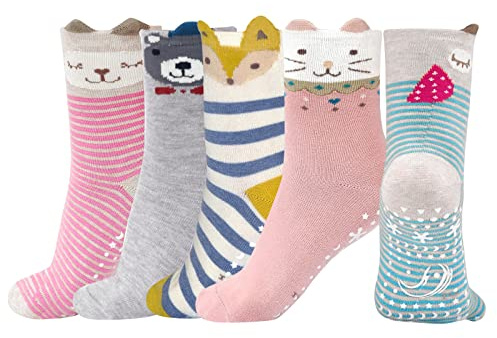 PUTUO Chaussettes Antidérapantes Fille Socquettes: Chaussette en Coton pour Enfant Socquette Sport Anti Dérapante pour Enfants Cadeau, 5-7 ans, 5 Paires