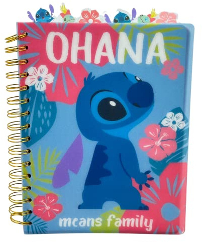 Innovative Designs Disney Stitch Tab Journal Notebook Ohana Spiral Bound, 144 Lined Pages, 8 x 7 inches, Blue