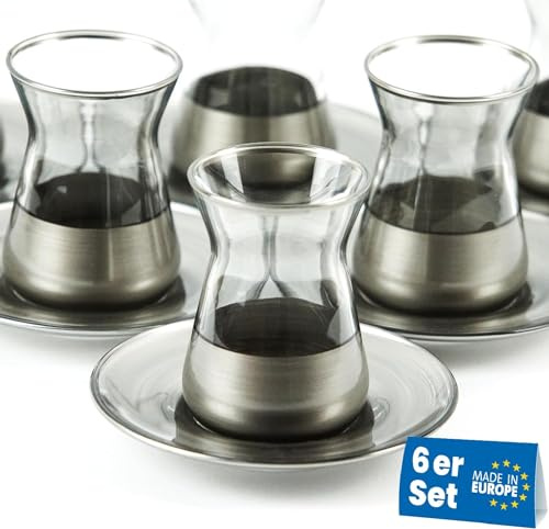 Lyros Türkische Teegläser Set - 6er Pack, Grau verziertes Glas, Handverarbeitet, mit 6 Untersetzer