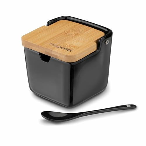 Tadar Keramik Zuckerdose mit Deckel und Löffel 270 ml Salzbehälter mit Deckel Holz und Löffel Keramik Küchenbehälter für Gewürze Schwarzer Pfeffer, Gewürze