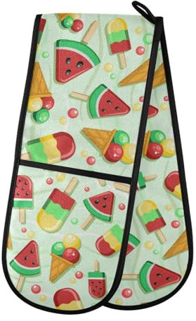 Double Oven Gloves Heat Resistant Watermelon Ice Cream Double Oven Mitts Pot Holder Heat Protection Oven Gloves for Home Kitchen Baking Cooking BBQ Microwave