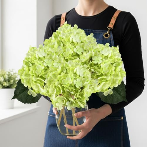 VYZXZAF 5 hortensias verdes artificiales, hortensias de seda sintética de 20.5 pulgadas, hortensias falsas realistas con tallos para el hogar, arreglos al aire libre, decoración de bodas y fiestas