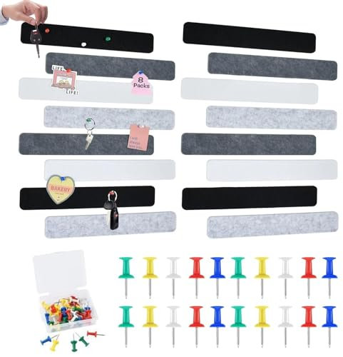 16 Stück Pinnwand Filz, 33×5cm Pinnwand Bar Streifen Korkplatte mit 35 Pushpins Korkplatte Selbstklebend für Foto Hängen Bulletin Tafeln Heimdekoration Büro Notizen