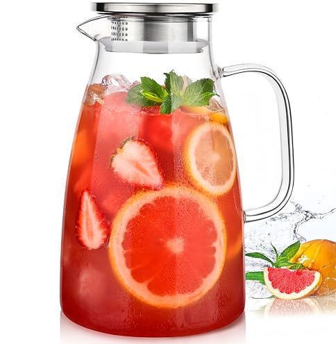 Potdoctor Glass Pitcher with Lid, 2 Liter 68oz Water Pitcher with Handle and Spout for Fridge, Borosilicate Glass for Iced Tea, Juice, Sangria, Cold/Hot Beverage, Large Jug