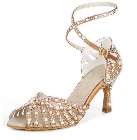 Latinsoul Y205-33 Women's Latin Dance Rhinestone High Heel Shoes Stylish and Comfortable Adjustable Ankle Strap Dance Sandals for Ballroom, Salsa Dance Shoes Colour Tan,Size 8 B(M) US/39 EU