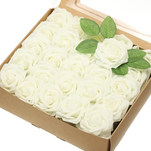 sourcing map 50Pcs Fake Roses with Stems, 3.15 Inch Foam Roses Artificial Flowers for DIY Craft Wedding Bouquets and Party Decoration(Cream White)
