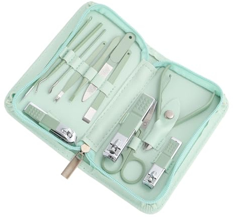 SOIMISS Kit de Manicura y Pedicura Multifunción de Acero Inoxidable, 12 Piezas, Tamaño Compacto, Portátil, para Cuidado Personal en Casa, Color Verde Matcha