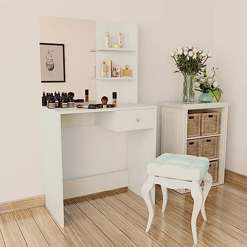 HaoChrymec Toletta in Legno con Specchio Moderno, Design Elegante con Cassetto e Ripiani, Ampia Postazione Trucco per Camera da Letto, Vanity Desk for Makeup, Bianco, 75x40x141 cm