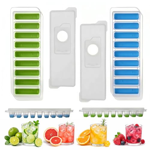 2 Pack Ice Cube Tray Narrow Water Bottle Ice Cube Silicone Long Ice Cube Moulds with No-Spill Removable Lid, 9 Cavities Water Bottle Ice Tray for Cocktail Bottles Juice Whiskey (Color A)