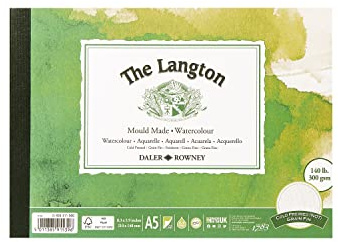 Daler-Rowney The Langton Aquarellpapierblock, kaltgepresst, 300 g/m², A5, einseitig geklebt, 12 naturweiße Blätter, ideal für professionelle Künstler und Studenten