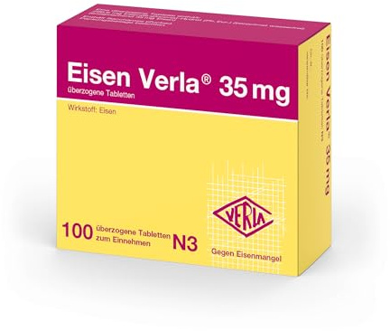 Eisen Verla 35 mg – Gut verträgliche, überzogene Tabletten bei Eisenmangel, zweiwertiges Eisen (Fe2+) für gute Bioverfügbarkeit, individuell dosierbar und geschmacksneutral, 100 St