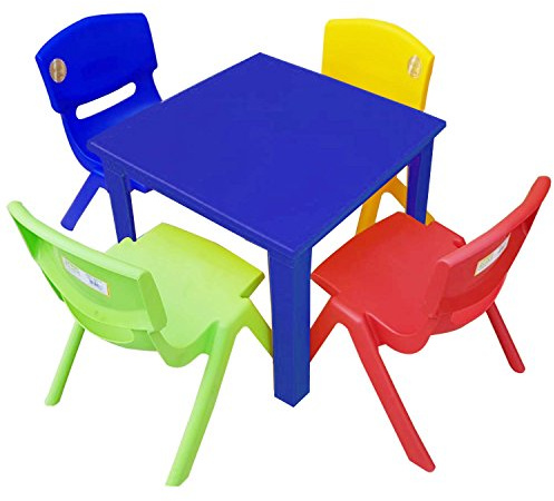 A406 Strong Kids Children Table and Chairs Set for Study, Activity Garden Indoor (Blue Table + 4 Chairs Mix)