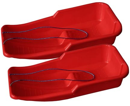 2 Pcs Kids Heavy Duty Snow Sledge - For Kids and Adults, Winter Toboggan Sleigh Sled With Rope | Plastic Ski Board, Pull Strap - Skateboard for Outdoors, Skiing Board, Speeder, High-Performance (Red)