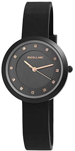 Excellanc Damen - Uhr Silikonarmband Dornschließe Strass Analog Quarz 1900204 (Schwarz/Schwarz)