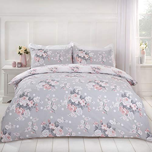 Dreamscene English Rose Duvet Cover with Pillow Case Reversible Floral Bedding Set, Grey Blush White - King