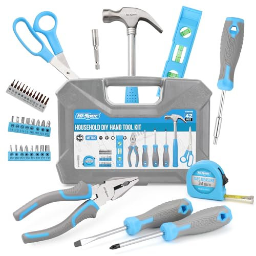 Hi-Spec 42pc Household DIY Tool Kit, Blue Handy Set with Essential Hand Tools for Home, Office & College Dorm – Starter Basic Toolbox for Repair & Maintenance with Storage
