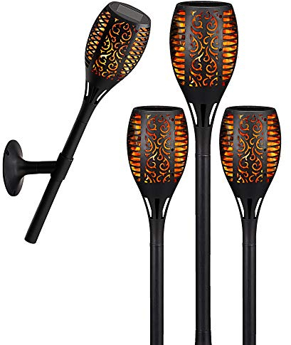 Torcia solare a LED, set da 4 lampade da giardino 3 in 1, luce tremolante, circa 58 cm, lampada da posizionare, con supporto da parete incluso