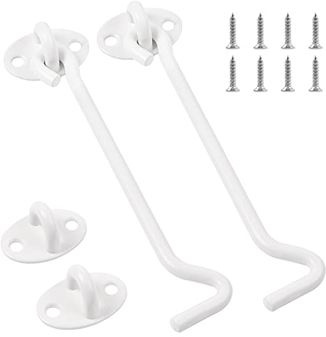 JatilEr 2 Stück Sturmhaken, 6 Zoll Kabinenhaken Edelstahl Fensterhaken mit Öse Platten und 8 Stücke Montage Schrauben, Helter Locking Türschloss für Türen Garagentor Fenster Fang Kabine Tür (weiß)