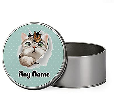 Personalised Butterfly on Cat face Hidden Cat Funny Kitten Cat Birthday BACK TO SCHOOL Portable Metal Tin Storage Box Biscuit Chocolate Tin Emergency Stuff Tin. (Round)